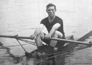 Rowing Single Sculler Darcy Hadfield rowing for the N.Z. Expeditionary Forces in 1918 later would go on to win Bronze at the Games of the VII Olympiad, Antwerp 1920. Photo: Private Collection.