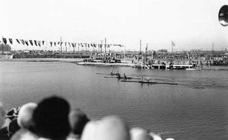 Cyril Stiles and Fred Thompson finishing second in the Rowing Coxless Pair elimination race at Long Beach Marine Stadium during the Games of the X Olympiad, Los Angeles 1932. Photo: New Zealand Olympic Museum Collection.