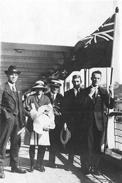The NZ team on board Euripides leaving Sydney en route to Belgium to compete at the Games of the VII Olympiad, Antwerp 1920. From left: Darcy Hadfield, Violet (Walrond) Robb, Cecil Walrond, George Davidson, Harry Wilson. Photo: Private Collection. 