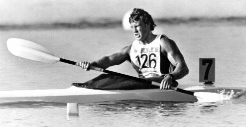 Ian Ferguson in heat 3 of the K1 500m event at the Games of the XXIII Olympiad, Los Angeles 1984. Photo: New Zealand Olympic Museum Collection.