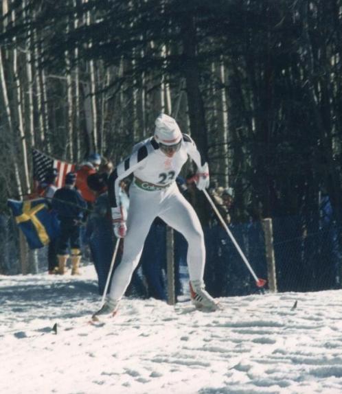 Madonna Harris competing in the Cross Country Skiing event at the XV Olympic Winter Games, Calgary 1988. Photo: Private Collection.
