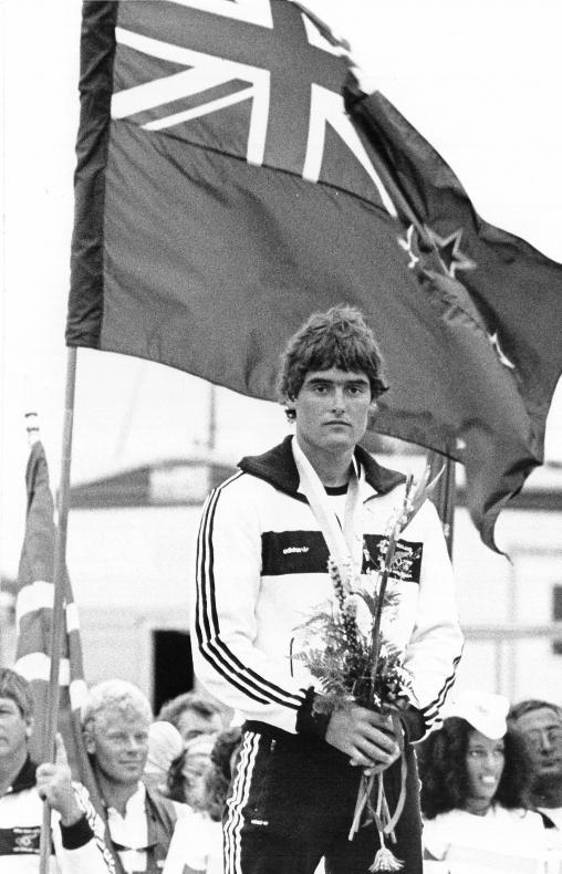 Russell Coutts receives his Gold medal for the finn class sailing event at the Games of the XXIII Olympiad, Los Angeles 1984. Photo: New Zealand Olympic Museum Collection.