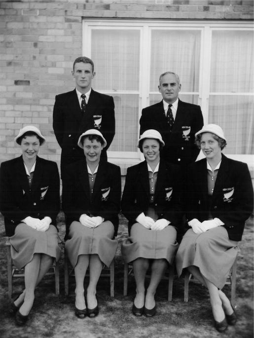 Swimming team photo for the Games of the XVI Olympiad, Melbourne 1956. Back row: L. Hurring, A.J. Donaldson (Olympic Official). Front row: J. Hurring, W. Ashby, P. Gower, M. Beck. Photo: New Zealand Olympic Museum Collection. 