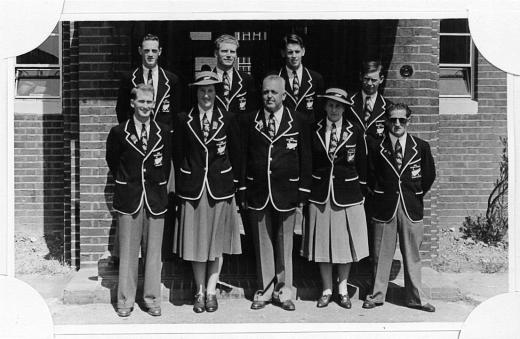 NZ Olympic team participating in the Games of the XIV Olympiad, London 1948. Back row (left): N Carter, D Harris, J Holland, B Goslin. Front row (left): H Nelson, N Galloway, D Woodfield, M Ingram, M Crow. Photo: New Zealand Olympic Museum Collection 