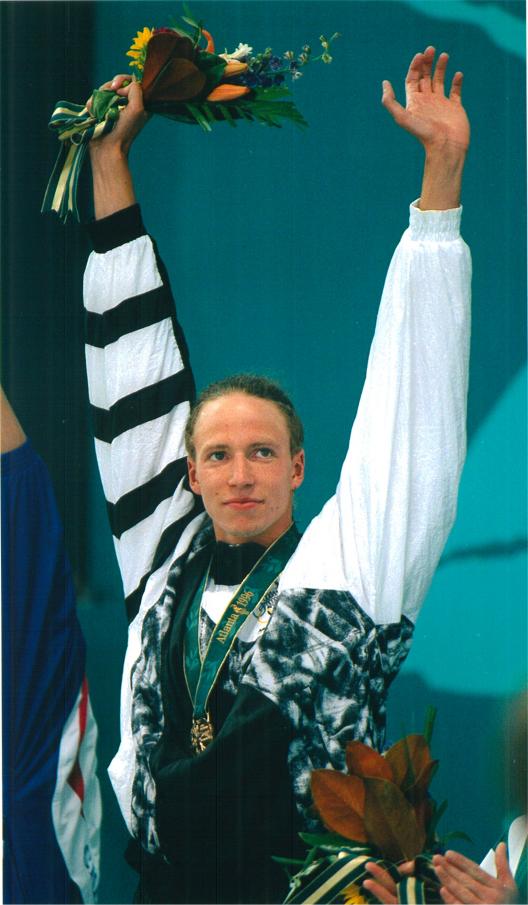 Danyon Loader celebrating his Gold medal win at the Games of the XXVI Olympiad, Atlanta 1996. Photo: New Zealand Olympic Museum Collection.